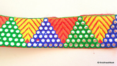 Red Mirrored Fabric Trim With Yellow, Orange , Green And Blue Embroidery With Mirrors